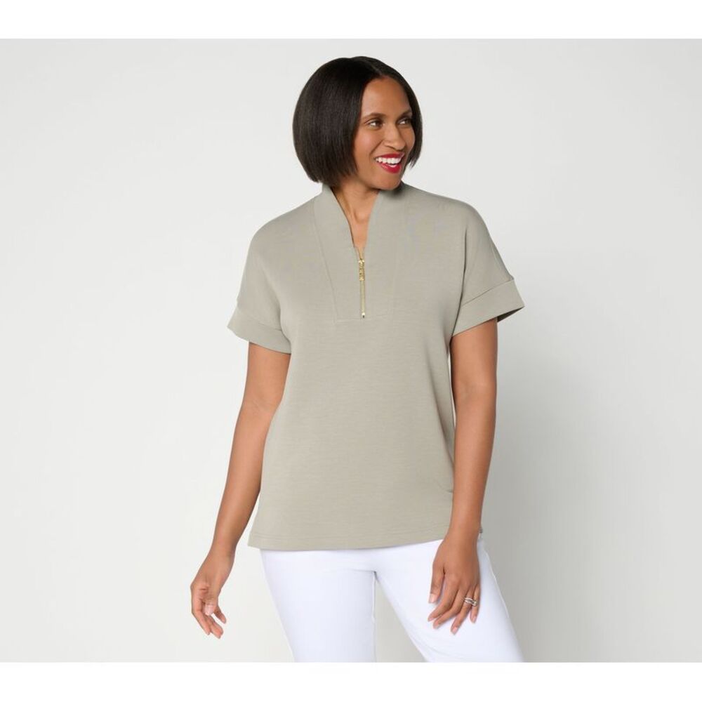 Belle by Kim Gravel Women's Top Plus Sz 2X ScubaLuxe Half Zip Short Green